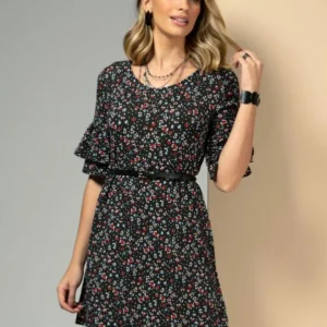 Vestido cinza chumbo com estampa floral